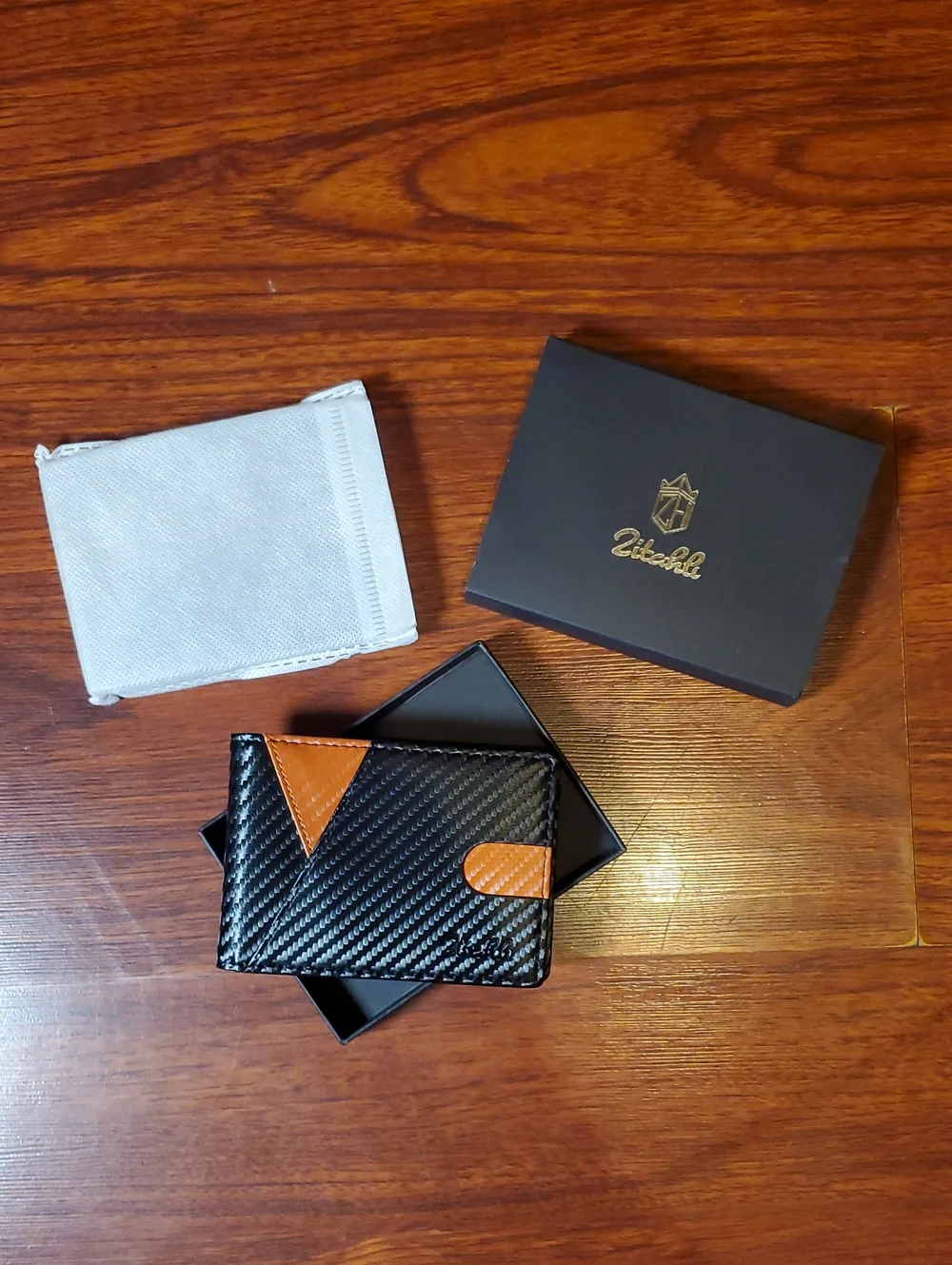 Unbranded Black Carbon-Style Card & Key Holder with Tan Accents